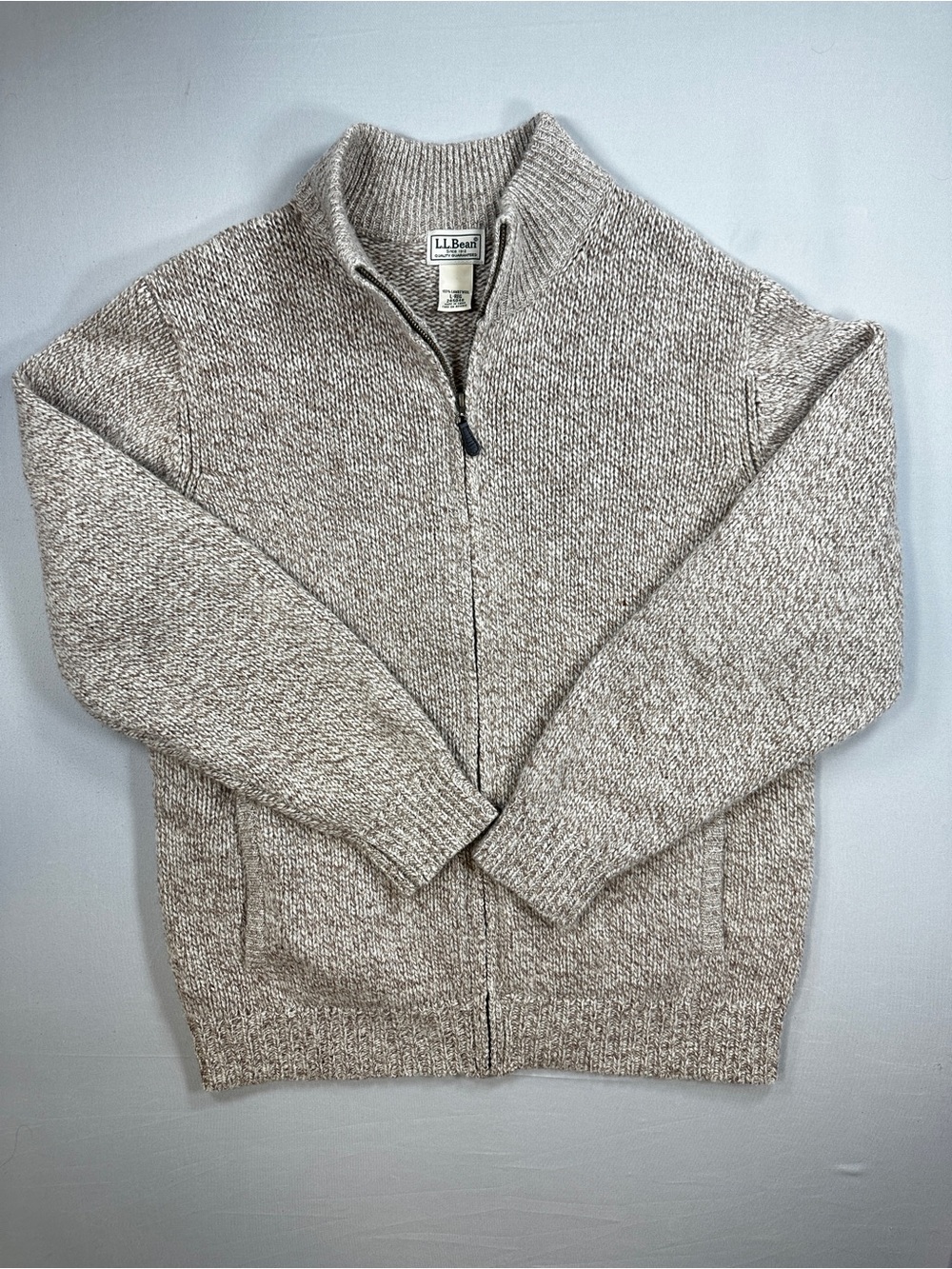L.L.Bean 100% Lambswool Full Zip Sweater Jacket Oatmeal Brown L